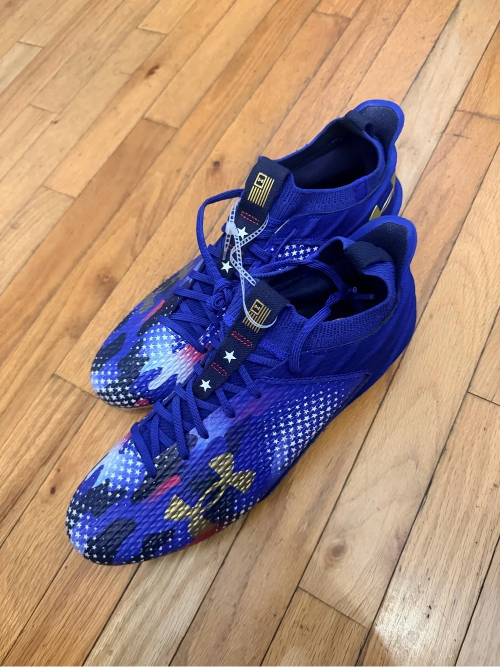 Under Armour Purple Men’s Athletic Cleats with Yellow Accents and USA colors
